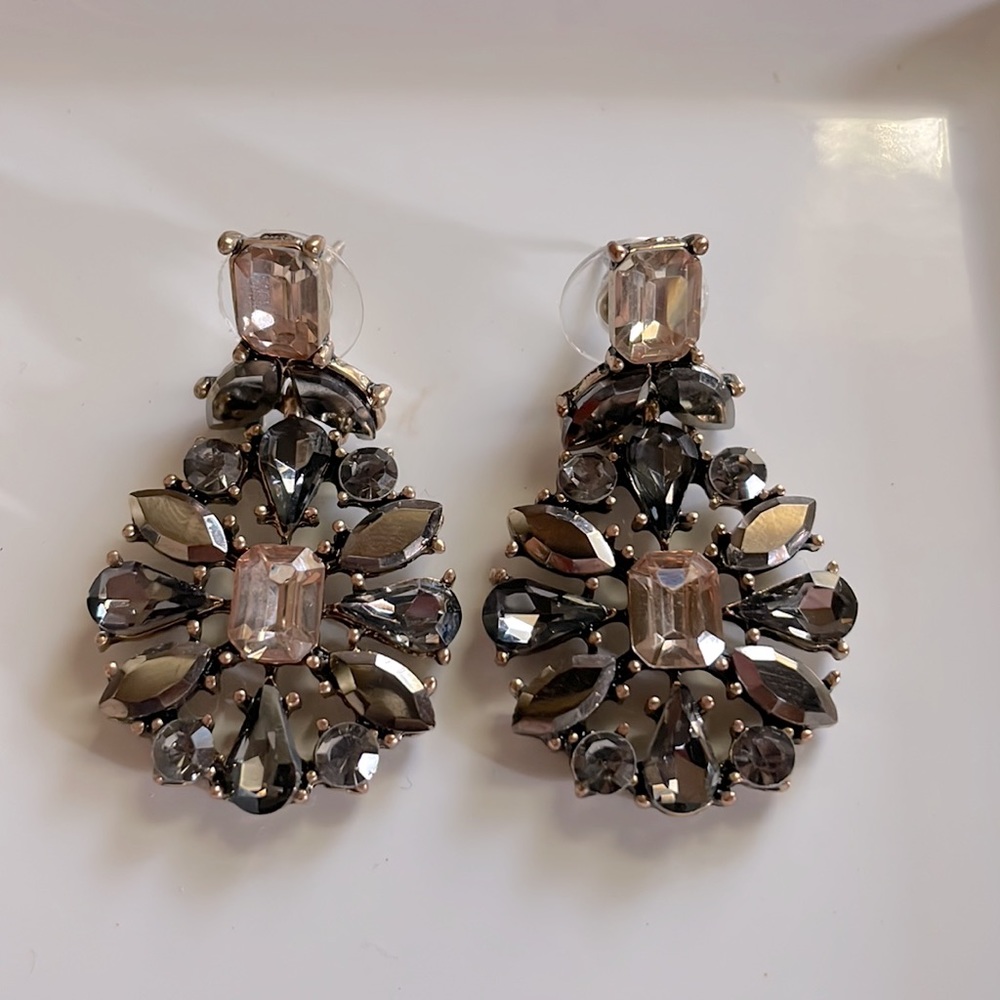 Crystal Flower Earrings - Pink & Gunmetal Grey
